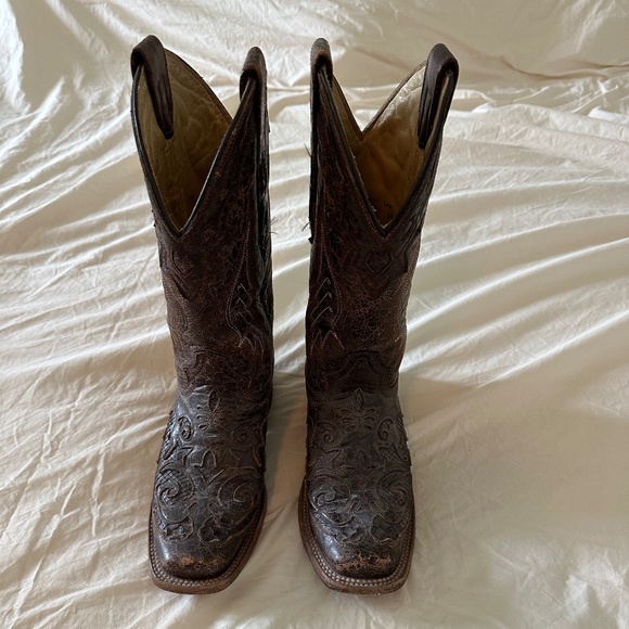 Corral Shoes - Corral® Ladies Chocolate Snake Inlay Brown Square Toe Boots A2404